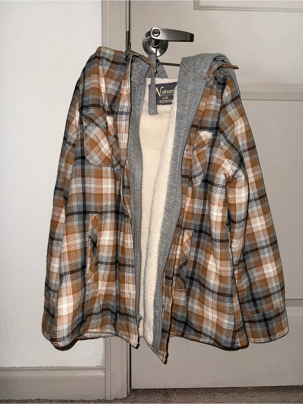 Natural Reflections Plaid Sherpa Hooded Utility Jacket in Brown, Gray & White